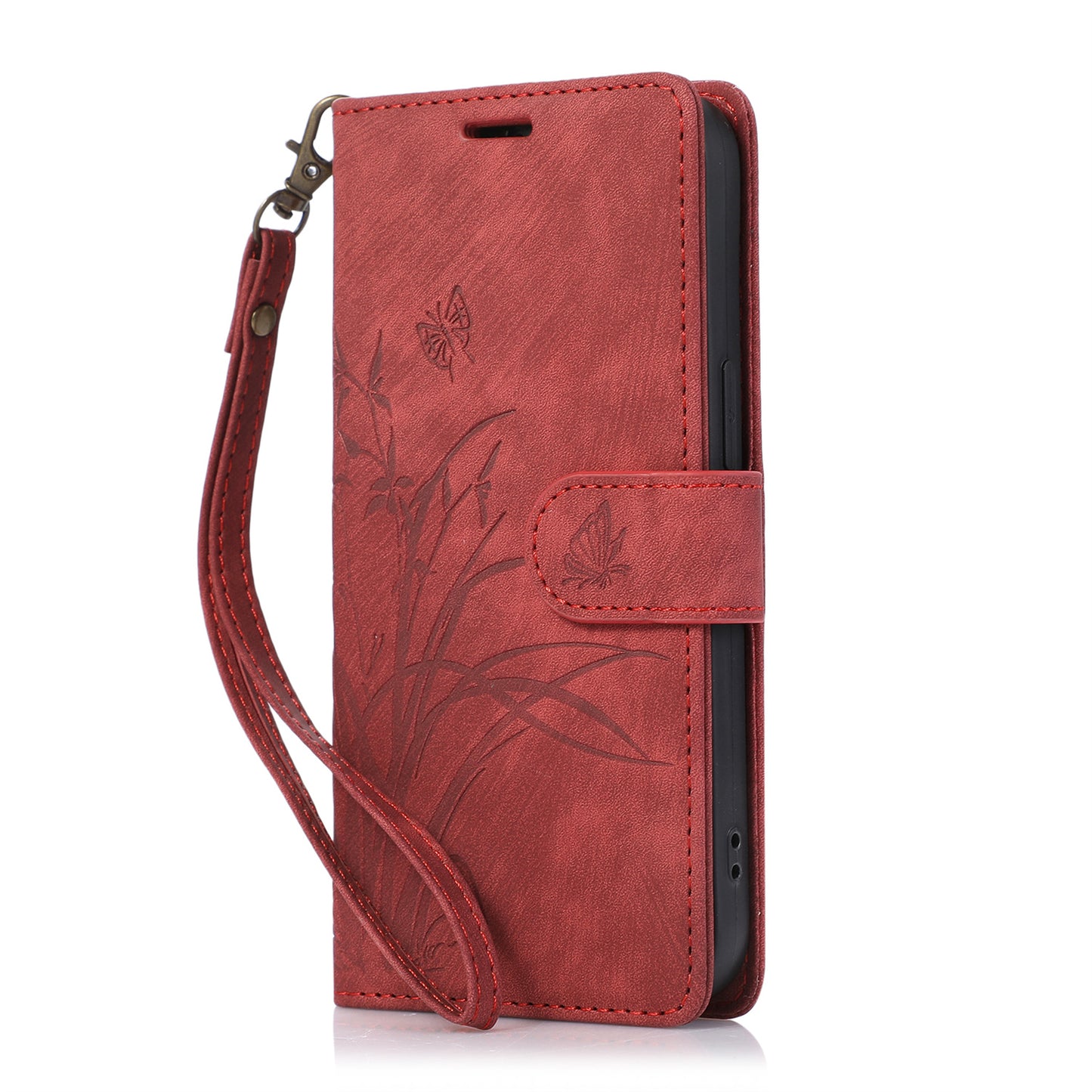For Samsung Galaxy S24 Phone Case Orchid Butterfly Pattern Wallet Leather Cover - Red