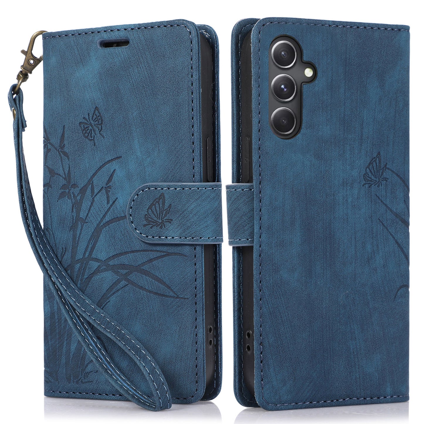 For Samsung Galaxy S24 Phone Case Orchid Butterfly Pattern Wallet Leather Cover - Blue