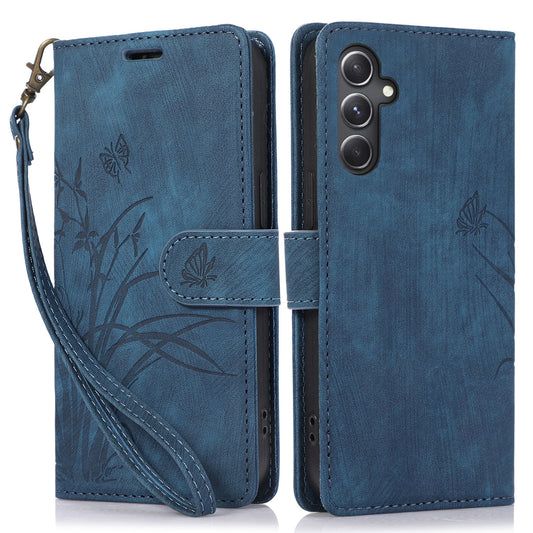 For Samsung Galaxy S24 Phone Case Orchid Butterfly Pattern Wallet Leather Cover - Blue