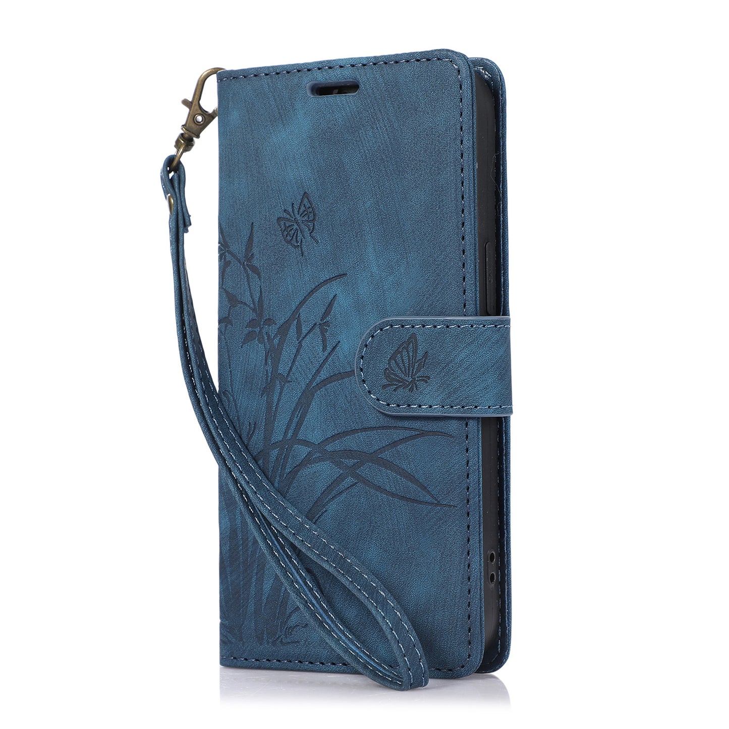 For Samsung Galaxy S24 Phone Case Orchid Butterfly Pattern Wallet Leather Cover - Blue