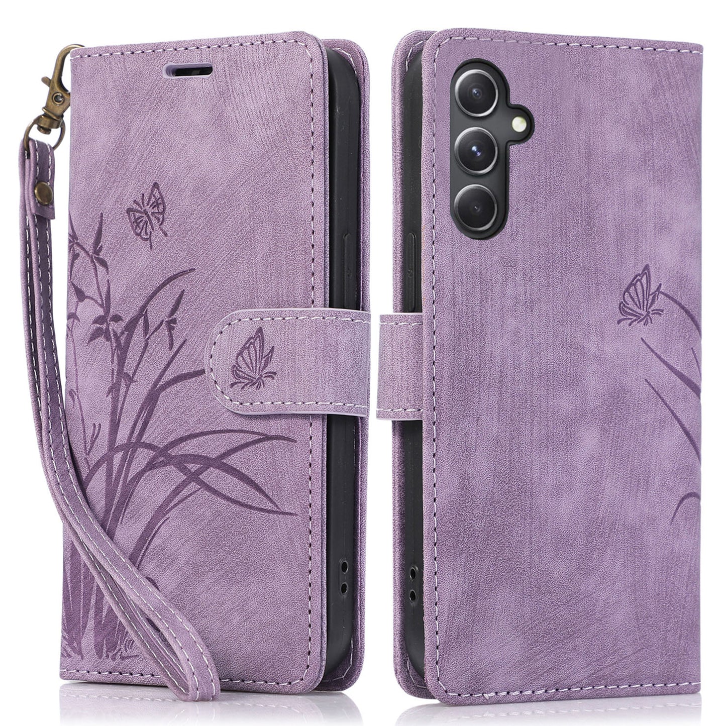 For Samsung Galaxy S24 Phone Case Orchid Butterfly Pattern Wallet Leather Cover - Purple