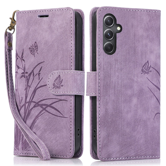 For Samsung Galaxy S24 Phone Case Orchid Butterfly Pattern Wallet Leather Cover - Purple