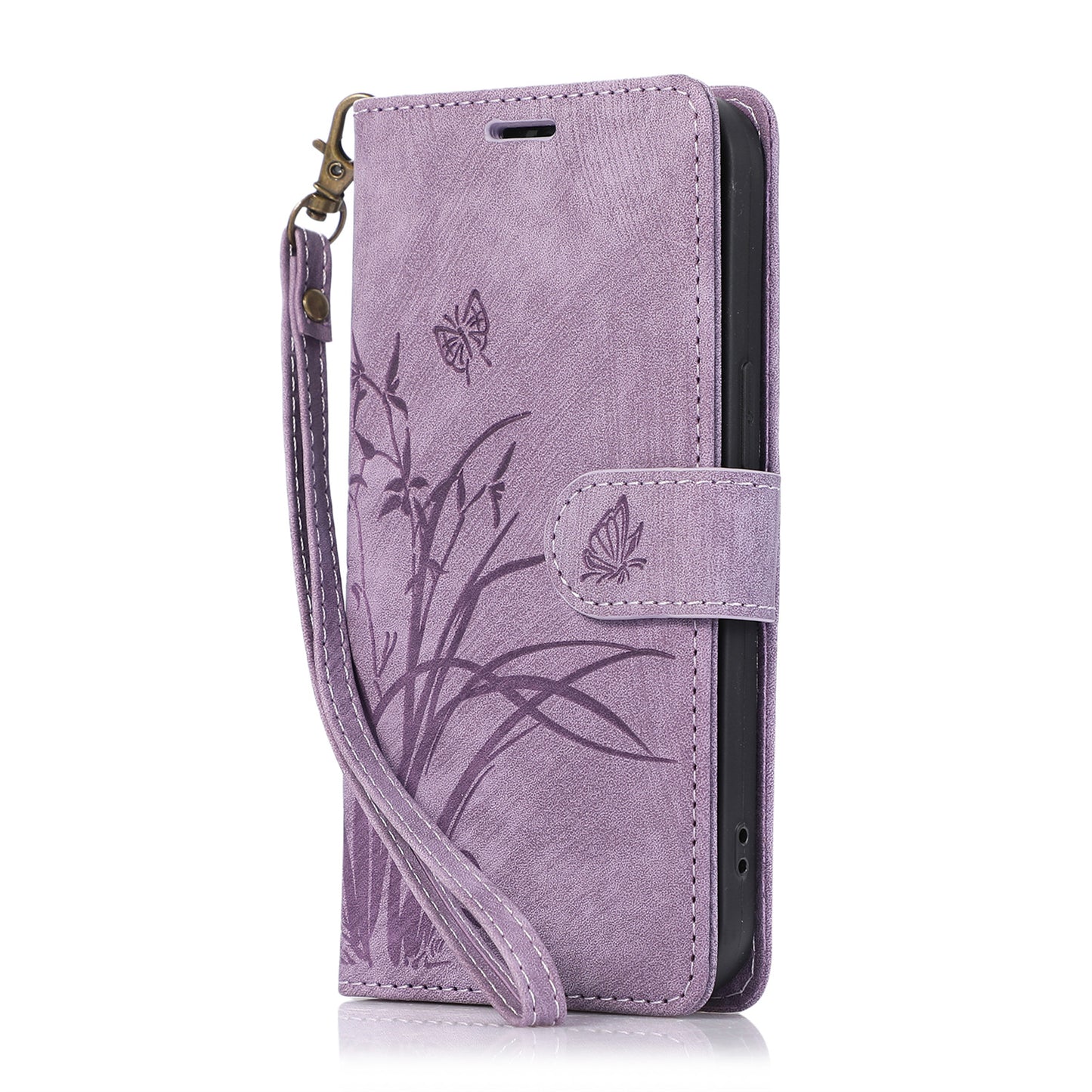 For Samsung Galaxy S24 Phone Case Orchid Butterfly Pattern Wallet Leather Cover - Purple