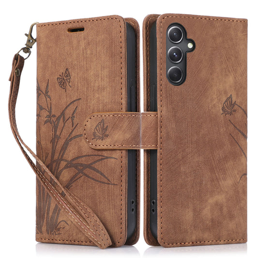 For Samsung Galaxy S24 Phone Case Orchid Butterfly Pattern Wallet Leather Cover - Brown