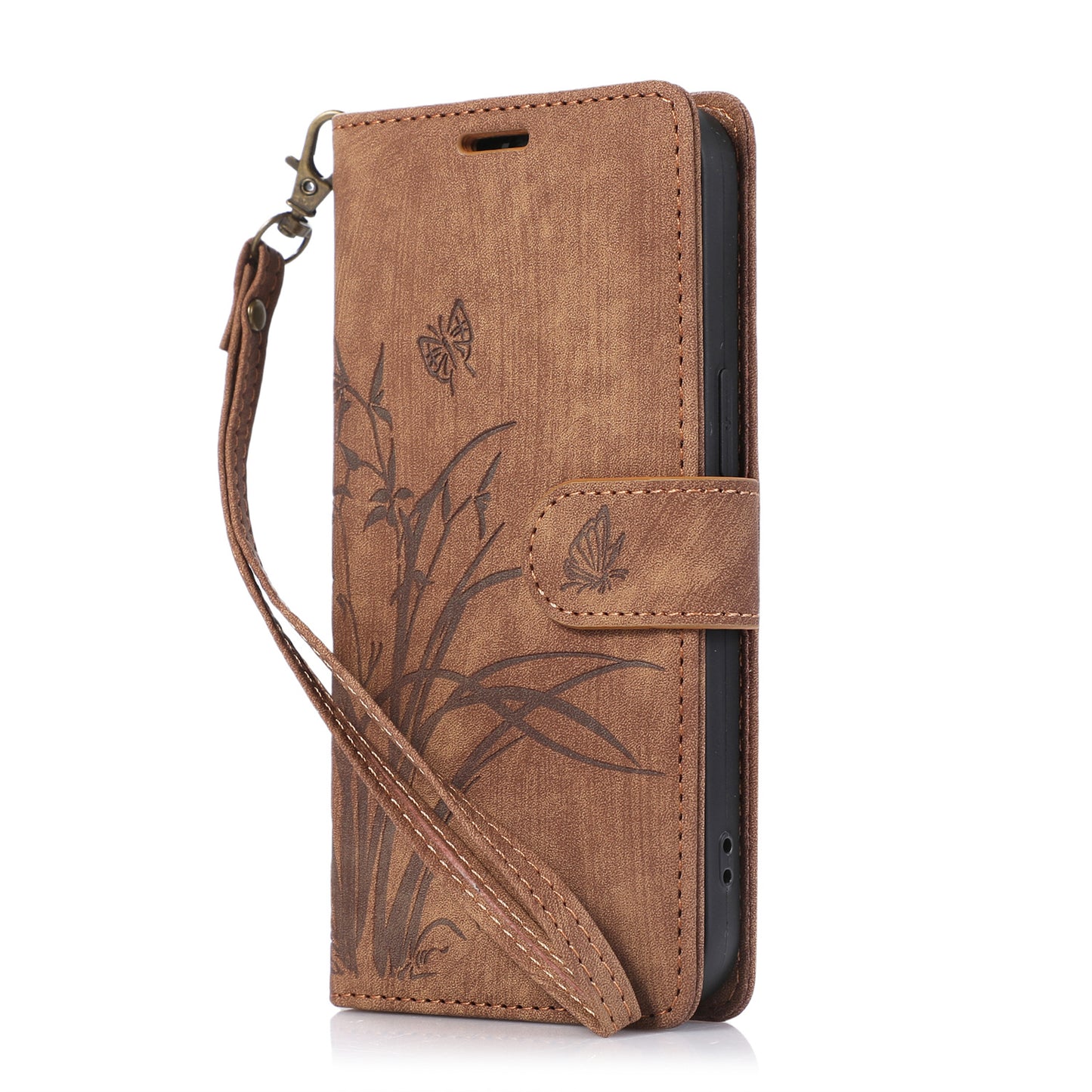 For Samsung Galaxy S24 Phone Case Orchid Butterfly Pattern Wallet Leather Cover - Brown