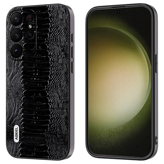 ABEEL For Samsung Galaxy S24 Ultra Crocodile Texture Case Genuine Cow Leather Slim Back Cover - Black