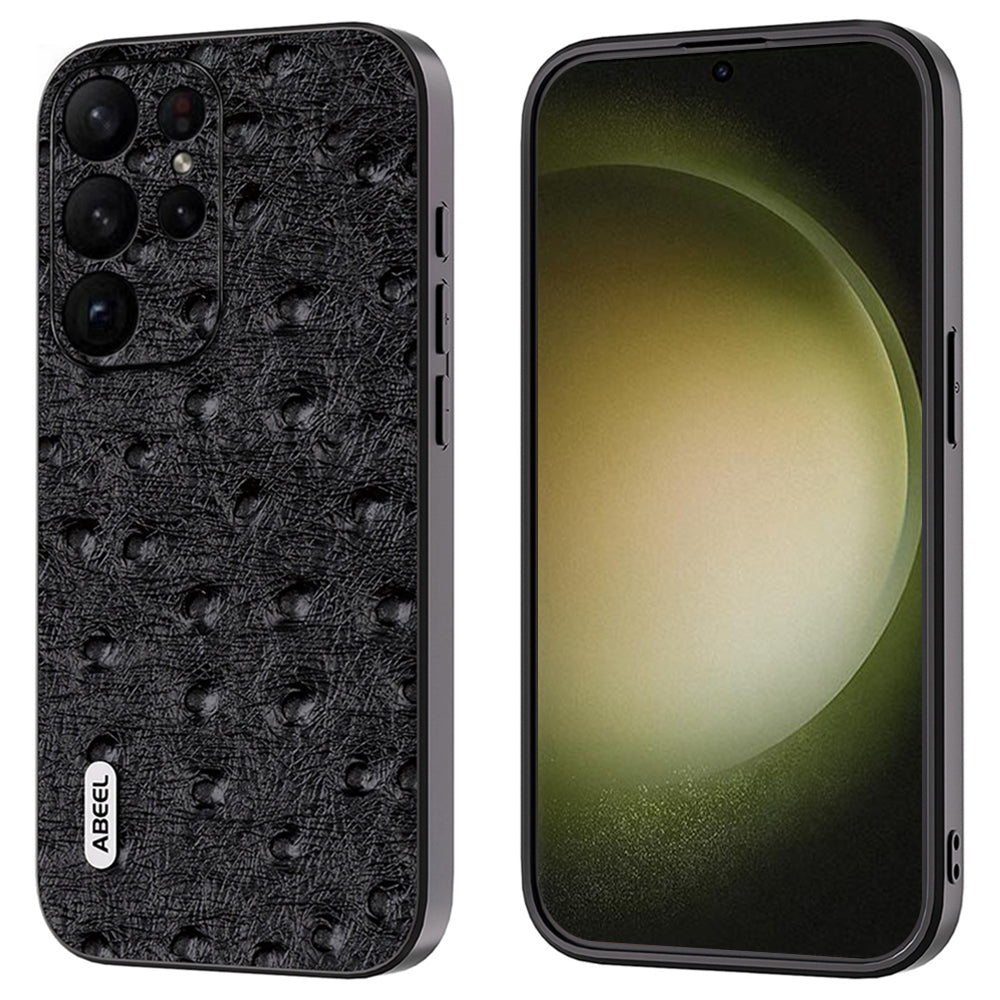 ABEEL For Samsung Galaxy S24 Ultra Case Genuine Cow Leather Ostrich Texture Back Shell Cover  - Black
