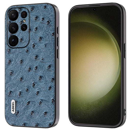 ABEEL For Samsung Galaxy S24 Ultra Case Genuine Cow Leather Ostrich Texture Back Shell Cover - Blue