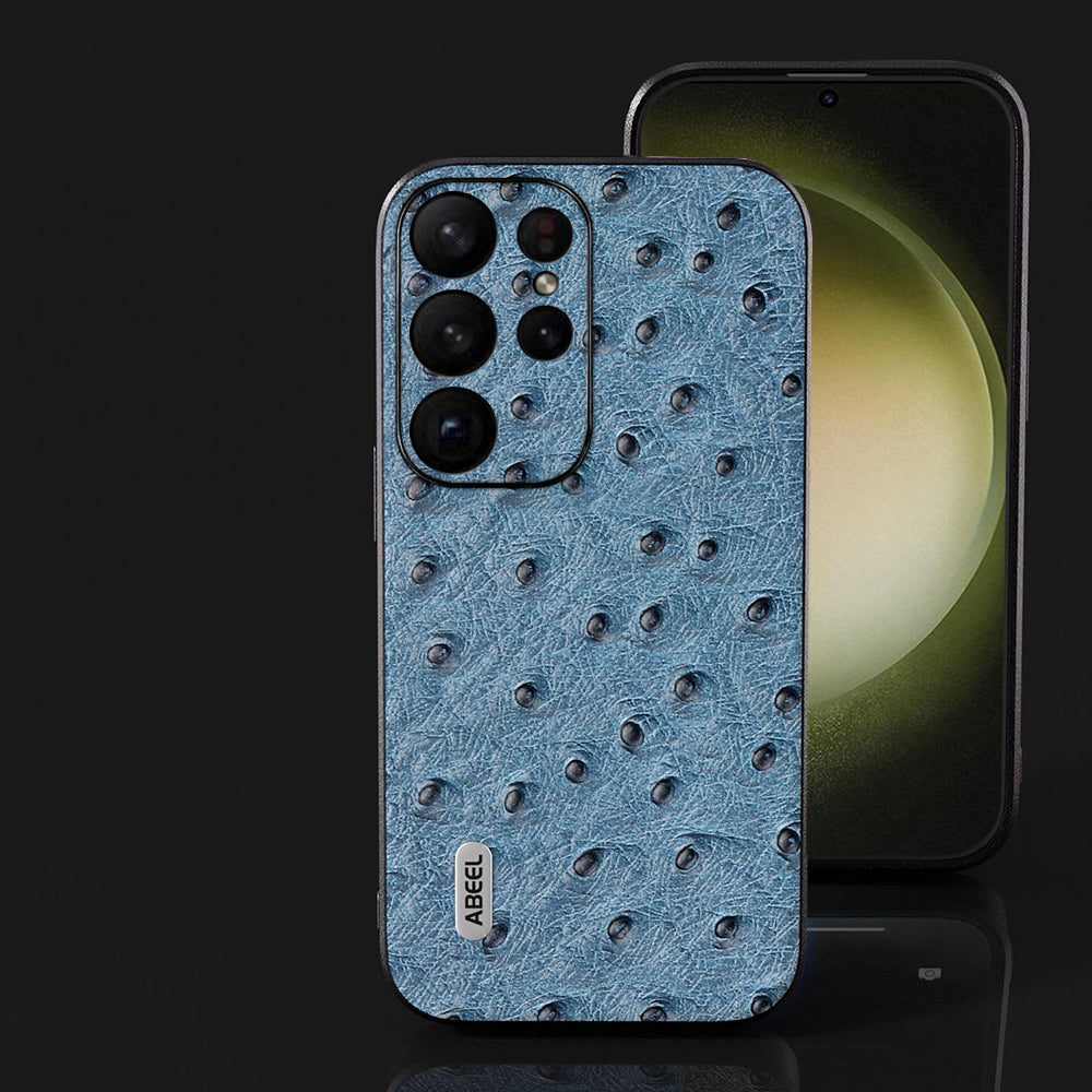 ABEEL For Samsung Galaxy S24 Ultra Case Genuine Cow Leather Ostrich Texture Back Shell Cover - Blue