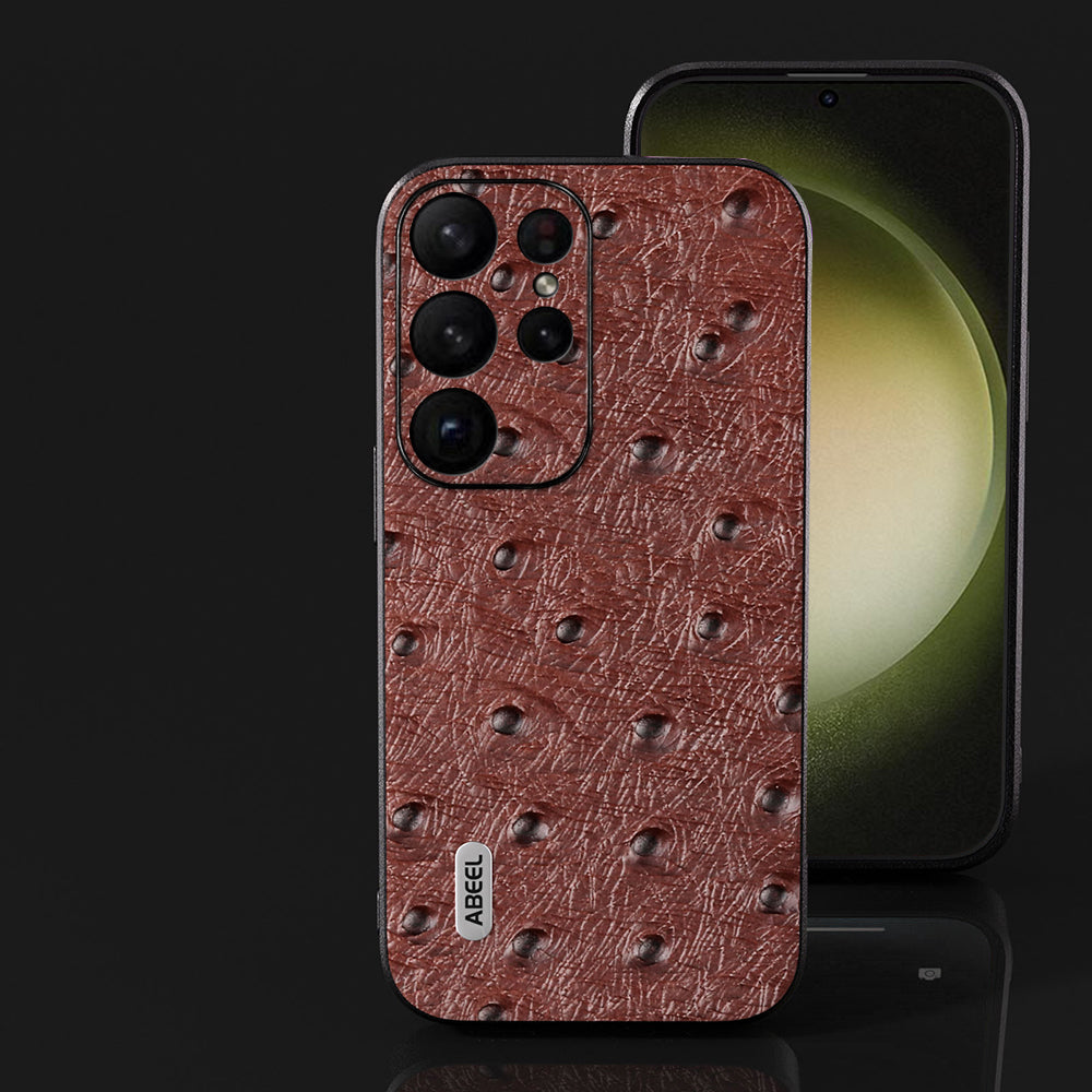 ABEEL For Samsung Galaxy S24 Ultra Case Genuine Cow Leather Ostrich Texture Back Shell Cover - Coffee