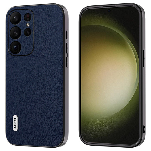 ABEEL For Samsung Galaxy S24 Ultra Case Genuine Cow Leather Litchi Texture Back Cover - Blue