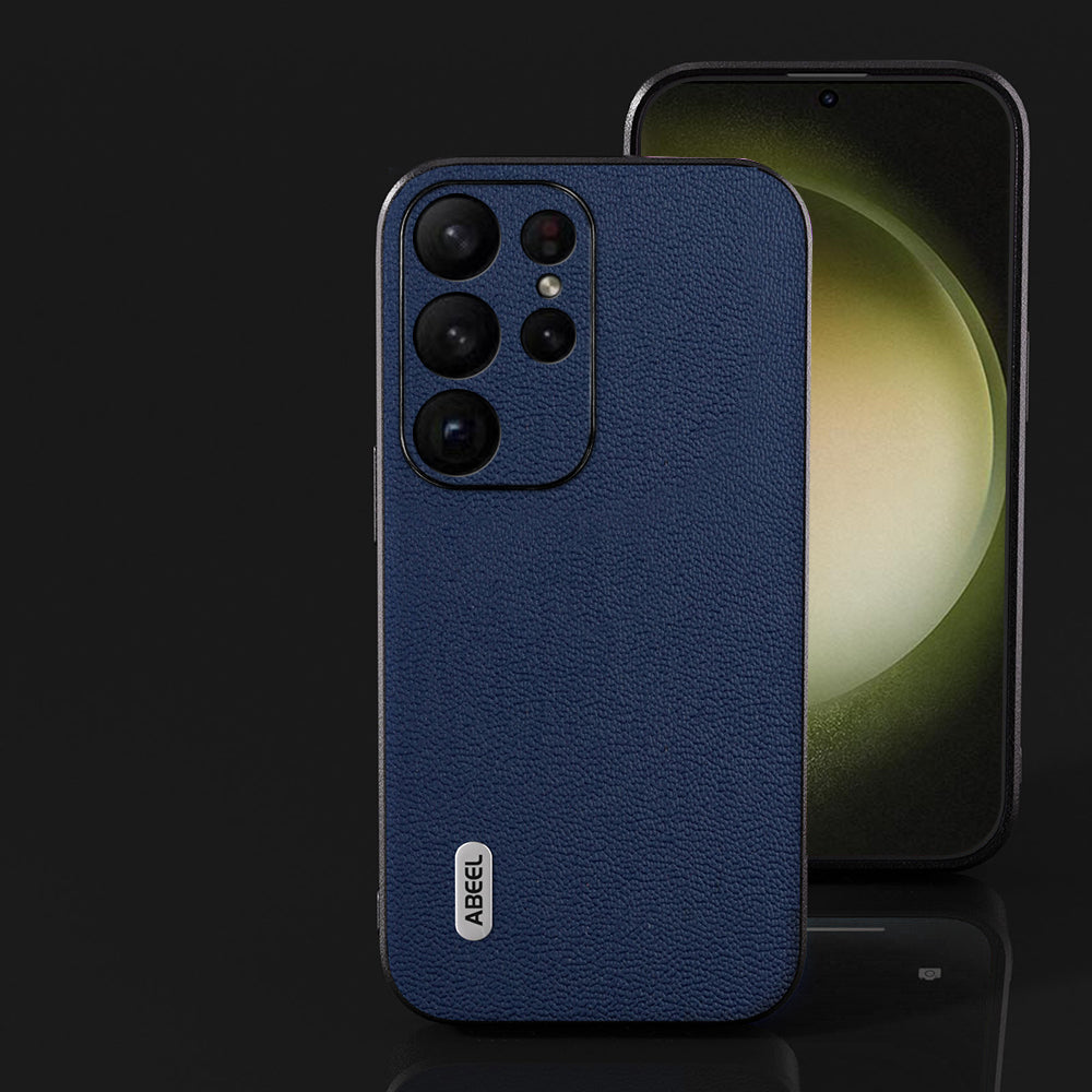 ABEEL For Samsung Galaxy S24 Ultra Case Genuine Cow Leather Litchi Texture Back Cover - Blue