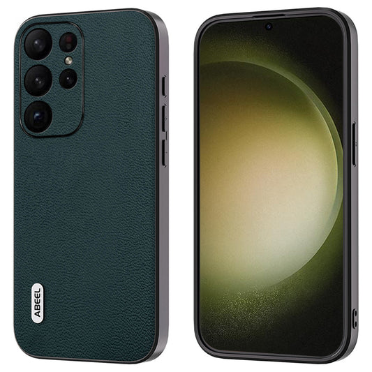 ABEEL For Samsung Galaxy S24 Ultra Case Genuine Cow Leather Litchi Texture Back Cover - Midnight Green