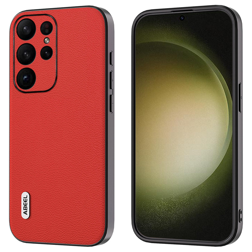 ABEEL For Samsung Galaxy S24 Ultra Case Genuine Cow Leather Litchi Texture Back Cover - Red