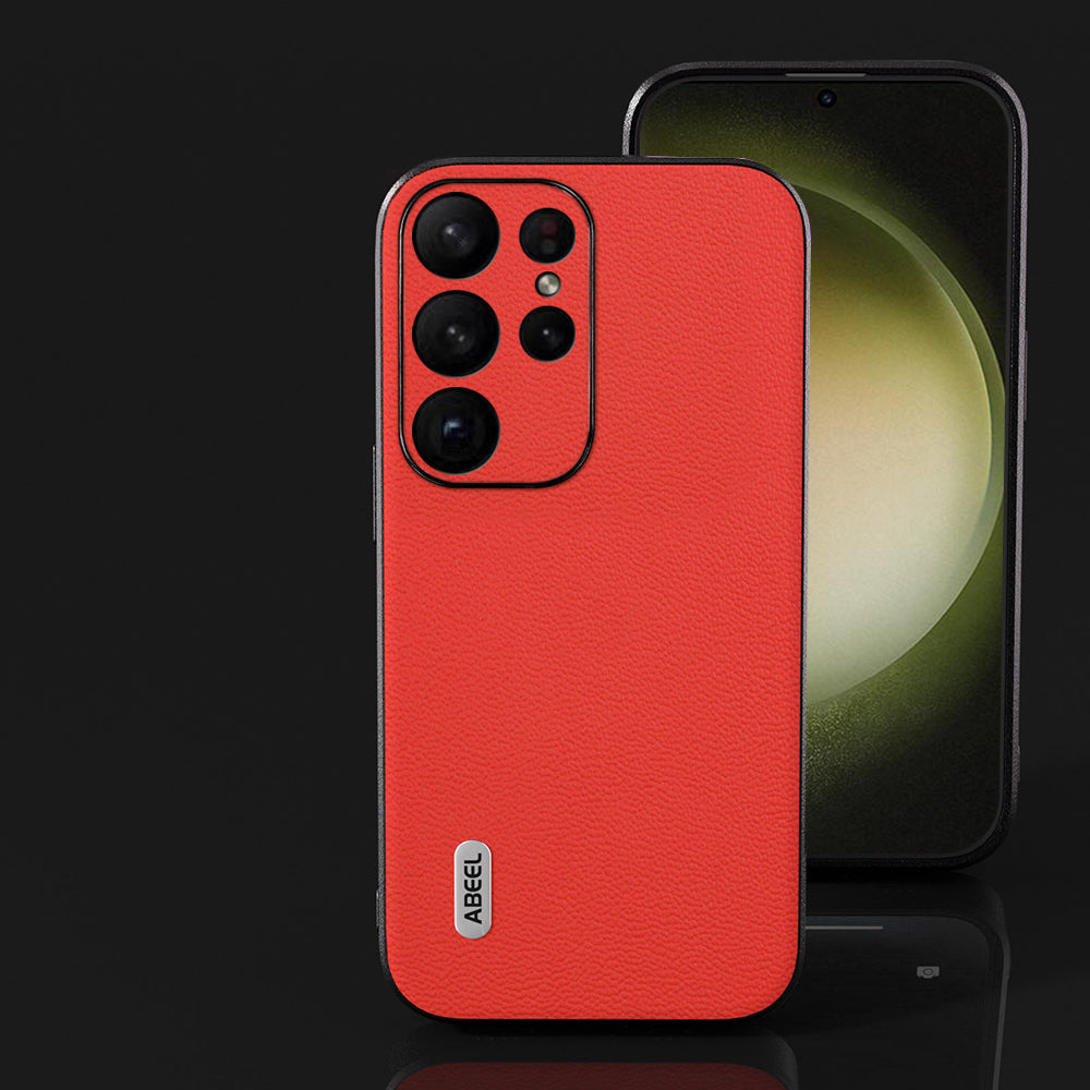 ABEEL For Samsung Galaxy S24 Ultra Case Genuine Cow Leather Litchi Texture Back Cover - Red