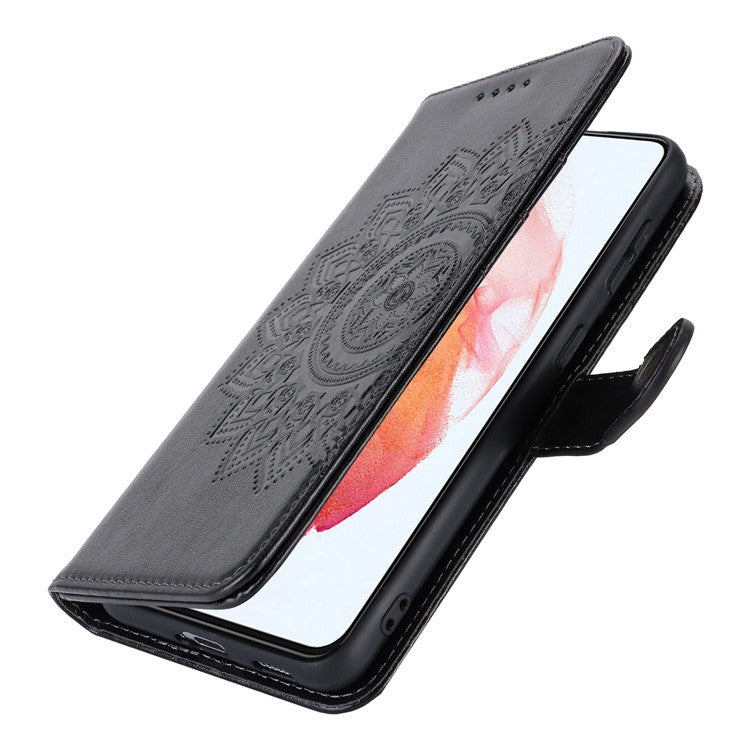 For Samsung Galaxy S21 5G / 4G Cover R61 Texture Leather Stand Shockproof Imprinted Cell Phone Case - Black