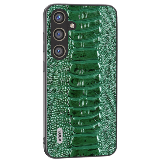 ABEEL For Samsung Galaxy S24 Phone Case Genuine Cow Leather Crocodile Texture Cover - Green