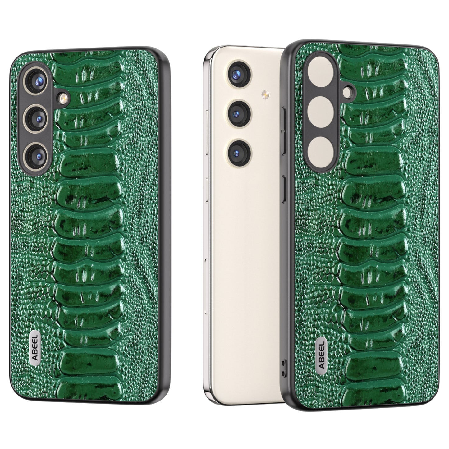 ABEEL For Samsung Galaxy S24 Phone Case Genuine Cow Leather Crocodile Texture Cover - Green