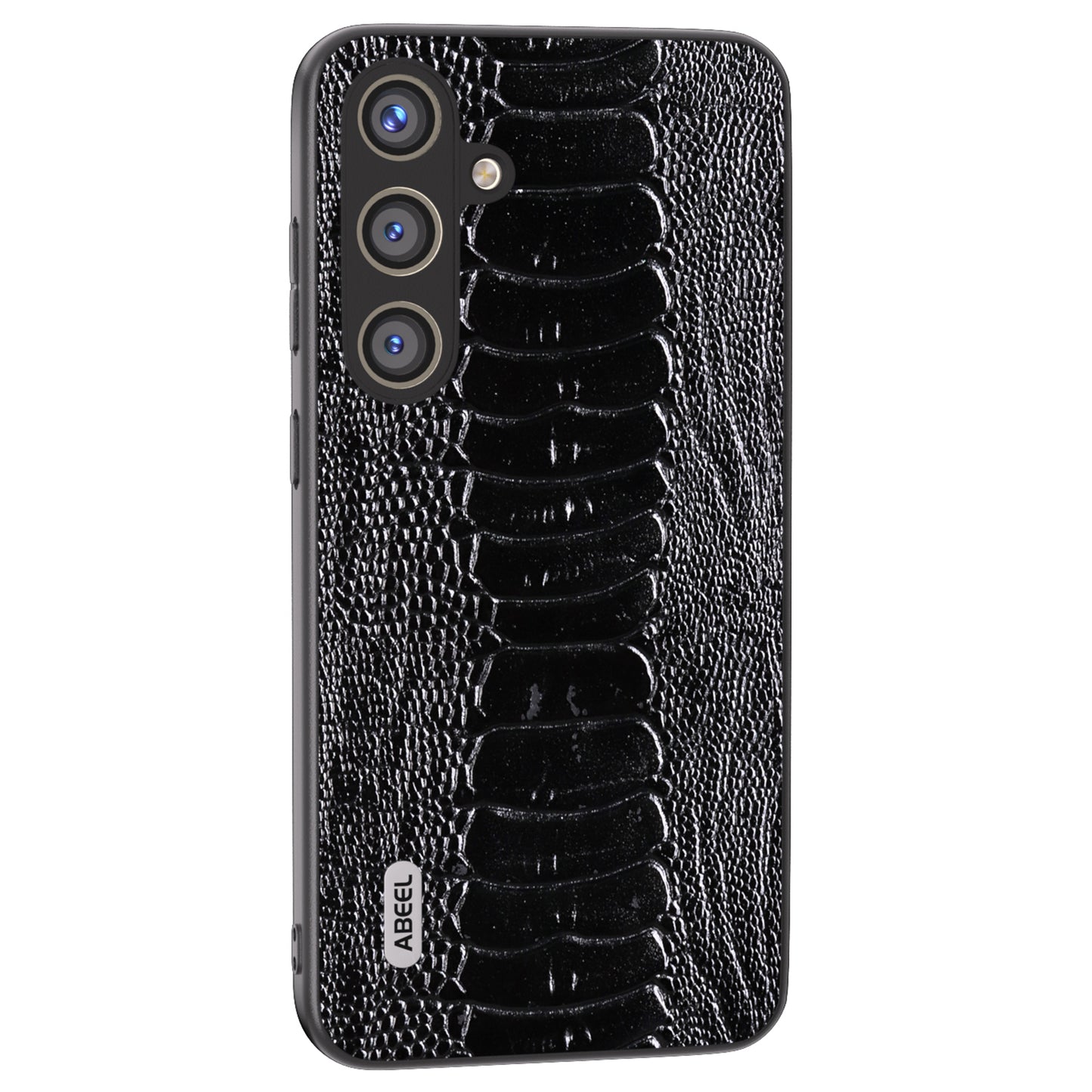 ABEEL For Samsung Galaxy S24 Phone Case Genuine Cow Leather Crocodile Texture Cover - Black
