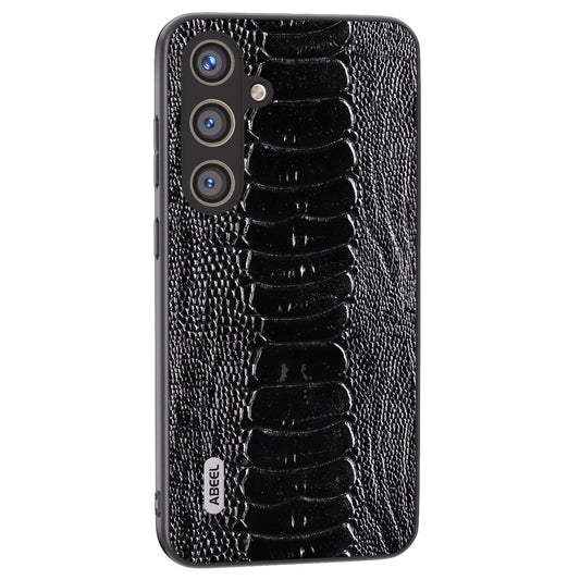 ABEEL For Samsung Galaxy S24 Phone Case Genuine Cow Leather Crocodile Texture Cover - Black