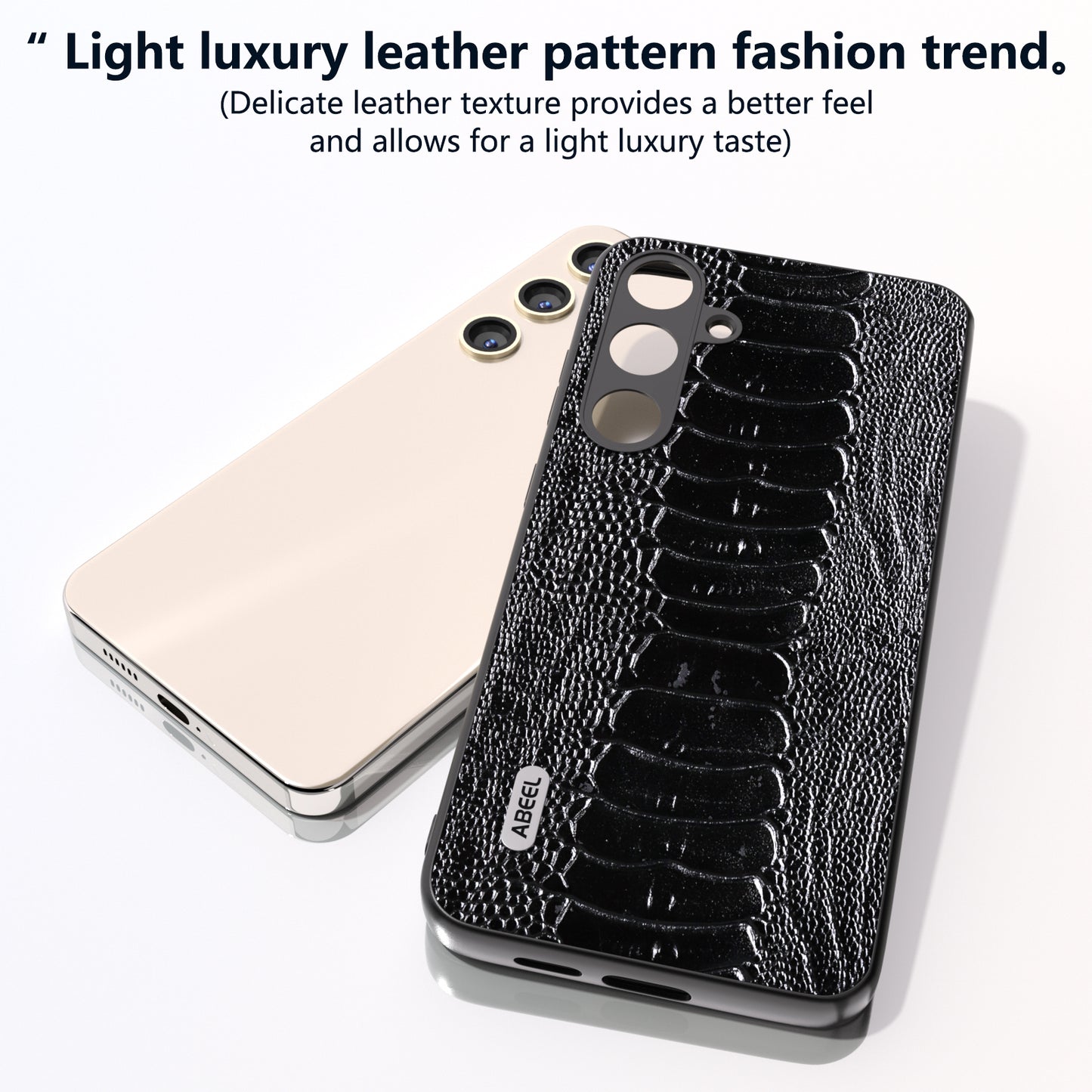 ABEEL For Samsung Galaxy S24 Phone Case Genuine Cow Leather Crocodile Texture Cover - Black