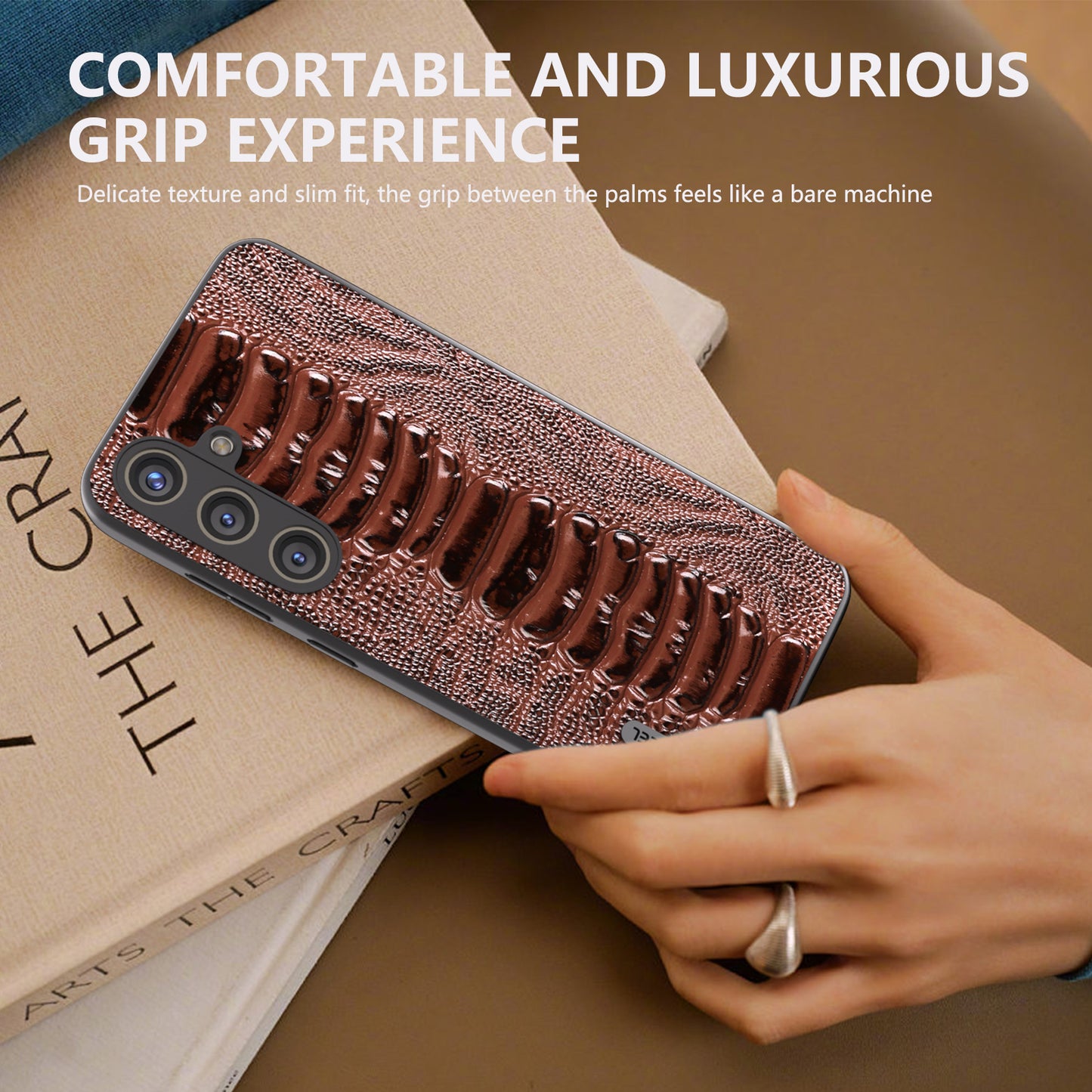 ABEEL For Samsung Galaxy S24 Phone Case Genuine Cow Leather Crocodile Texture Cover - Coffee