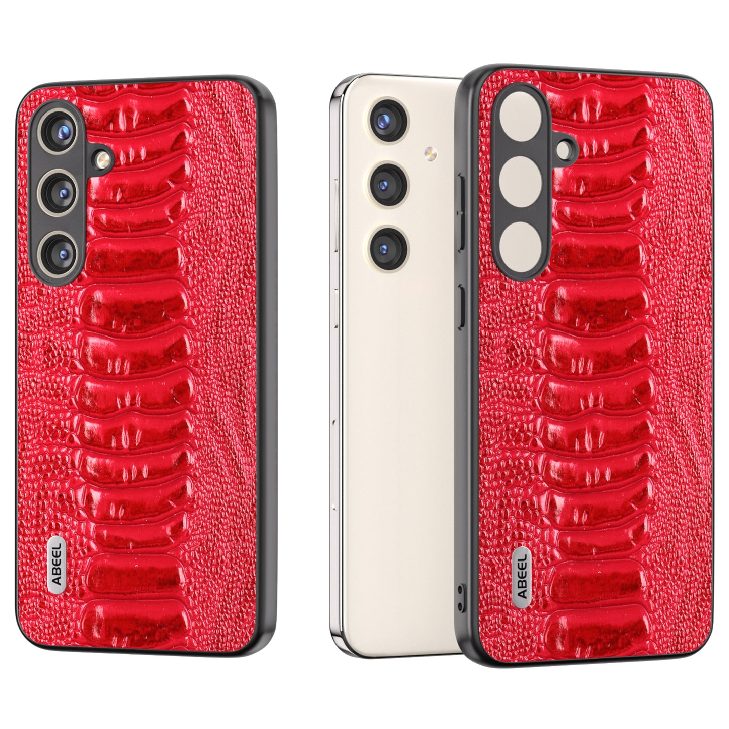 ABEEL For Samsung Galaxy S24 Phone Case Genuine Cow Leather Crocodile Texture Cover - Red