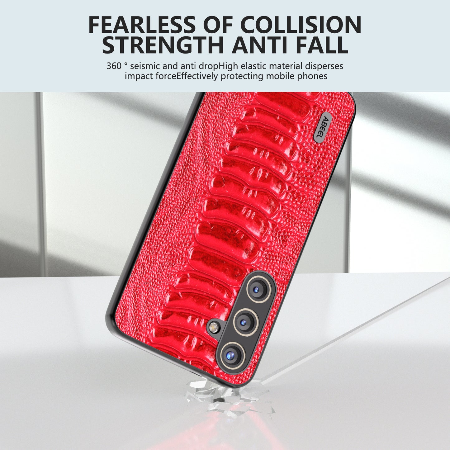 ABEEL For Samsung Galaxy S24 Phone Case Genuine Cow Leather Crocodile Texture Cover - Red