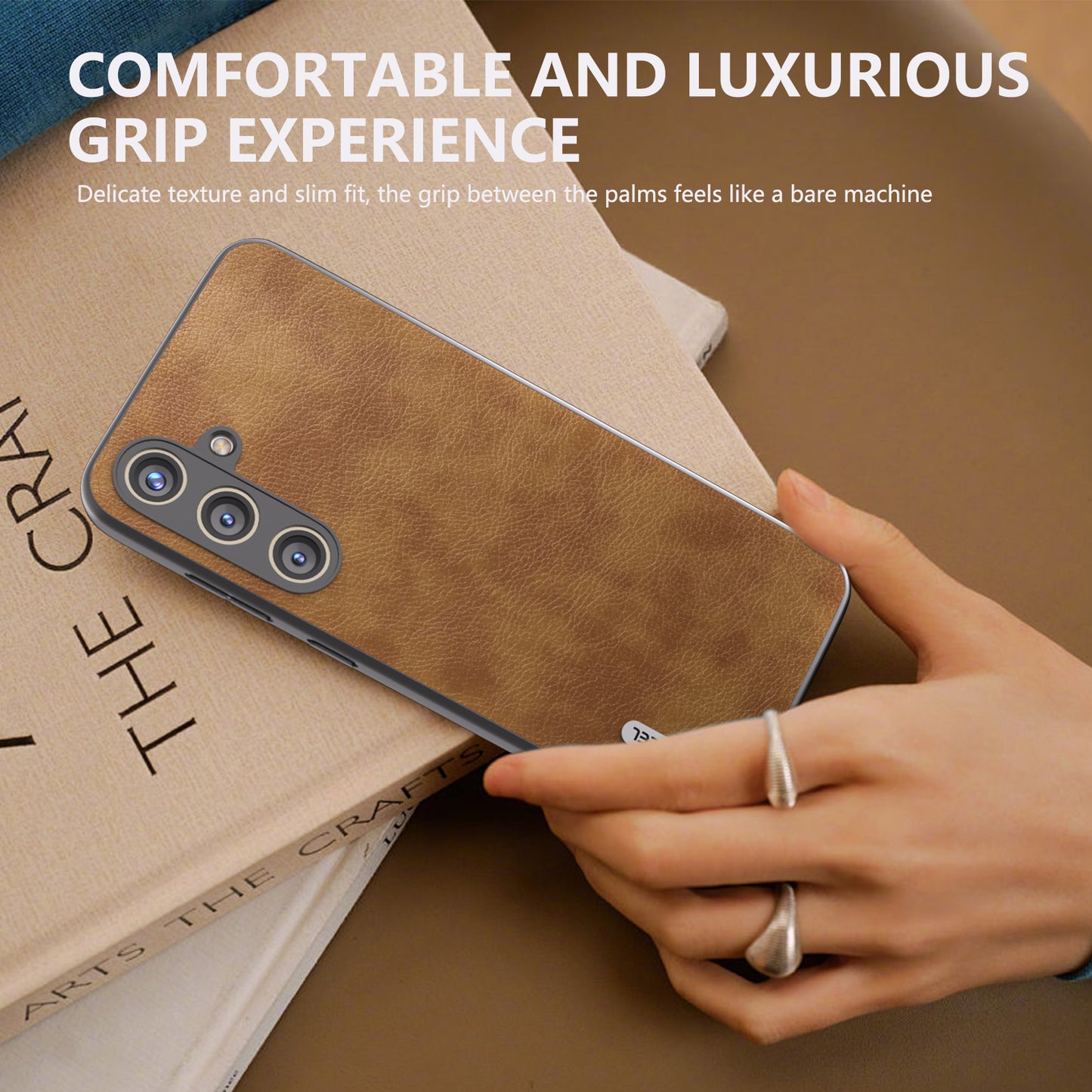 ABEEL For Samsung Galaxy S24+ Litchi Texture Case Leather Coated PC+TPU Phone Cover - Brown