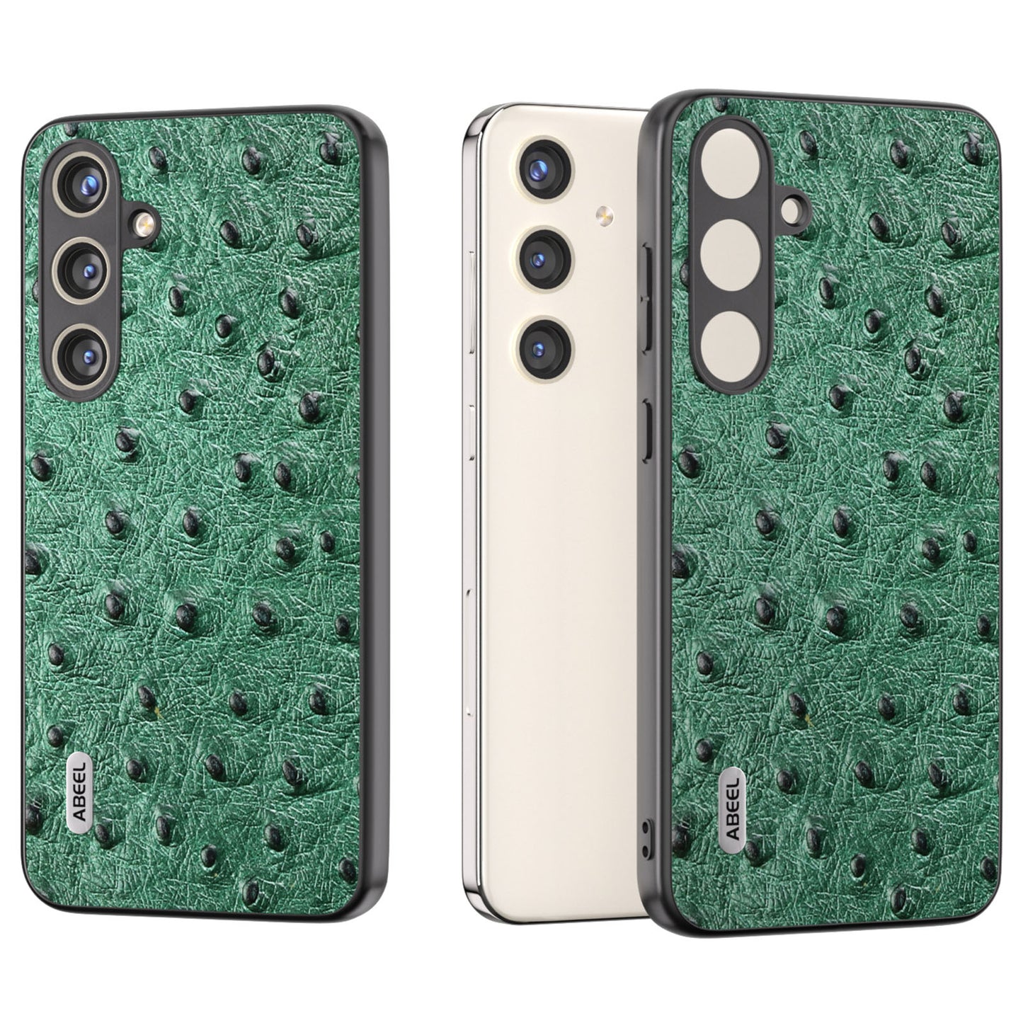 ABEEL For Samsung Galaxy S24+ Genuine Cow Leather Case Anti-slip Ostrich Pattern Phone Cover - Green