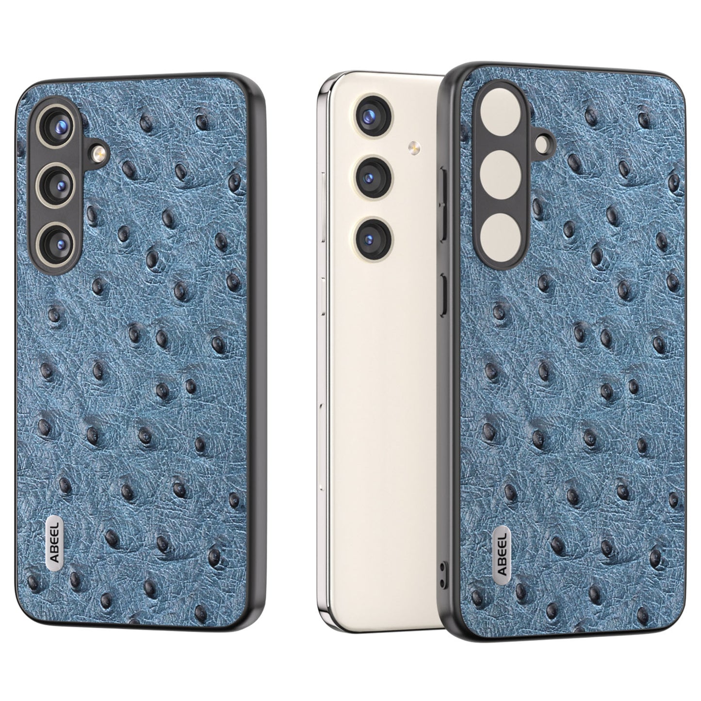 ABEEL For Samsung Galaxy S24+ Genuine Cow Leather Case Anti-slip Ostrich Pattern Phone Cover - Blue