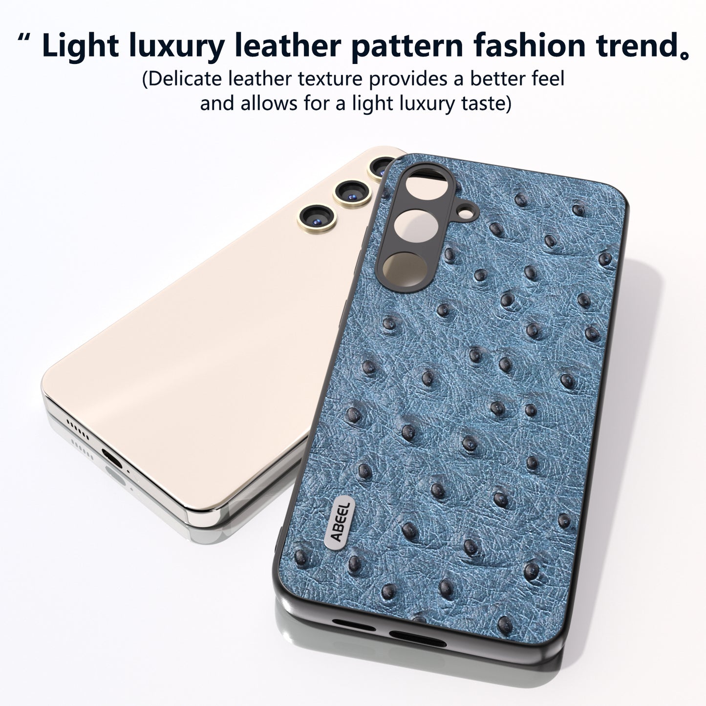 ABEEL For Samsung Galaxy S24+ Genuine Cow Leather Case Anti-slip Ostrich Pattern Phone Cover - Blue
