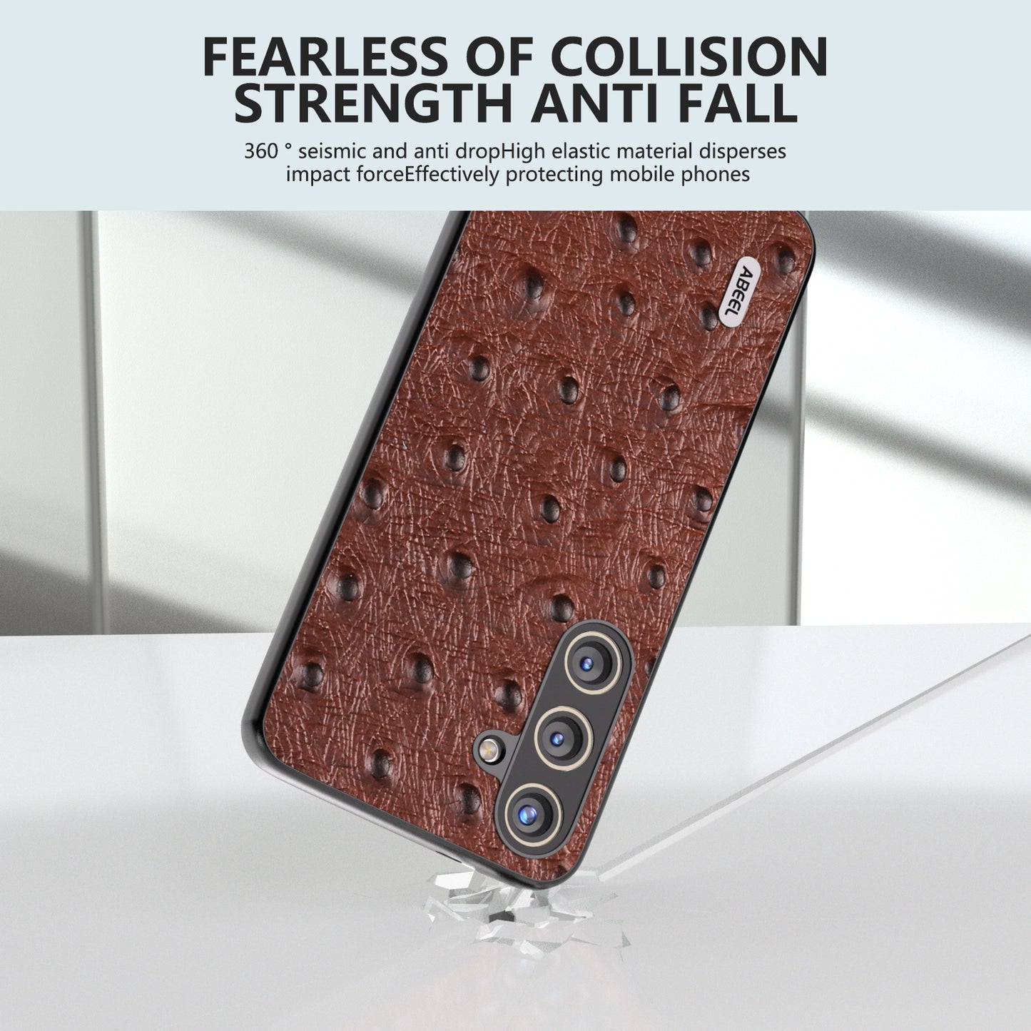 ABEEL For Samsung Galaxy S24+ Genuine Cow Leather Case Anti-slip Ostrich Pattern Phone Cover - Coffee