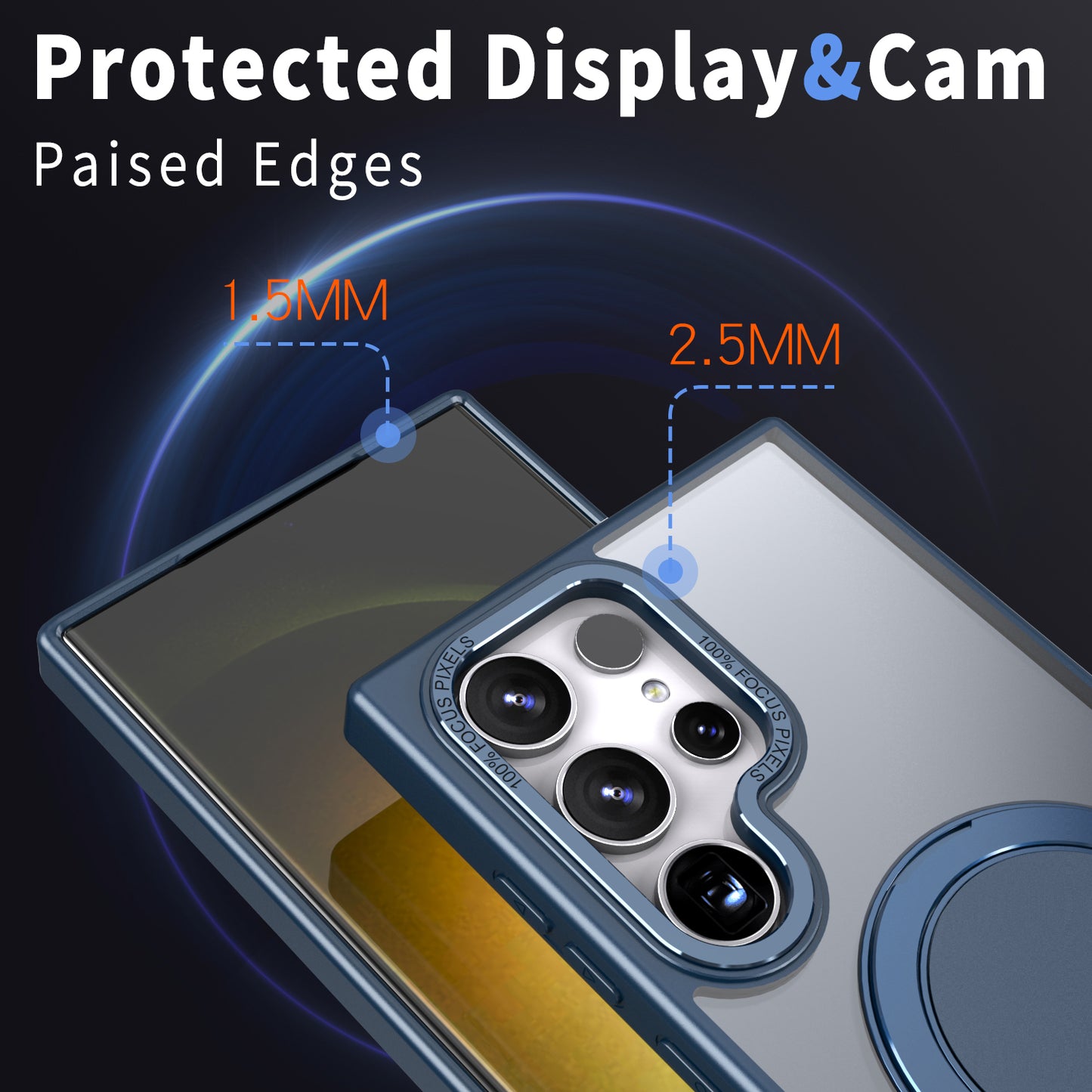 For Samsung Galaxy S24 Ultra Case Magnetic Phone Cover Rotary Ring Kickstand - Navy Blue