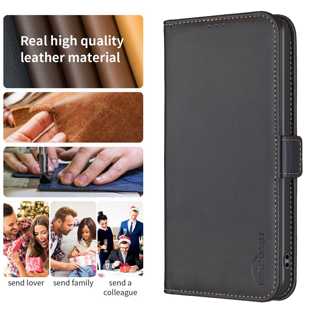 BINFEN COLOR BF31 For Samsung Galaxy S24 Ultra Case PU Leather Wallet Card Holder Protective Cover - Black