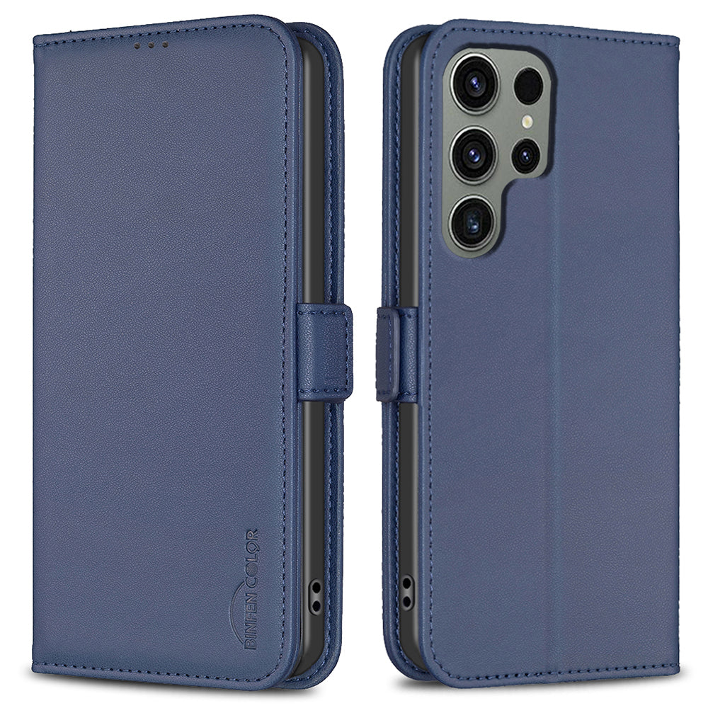 BINFEN COLOR BF31 For Samsung Galaxy S24 Ultra Case PU Leather Wallet Card Holder Protective Cover - Blue