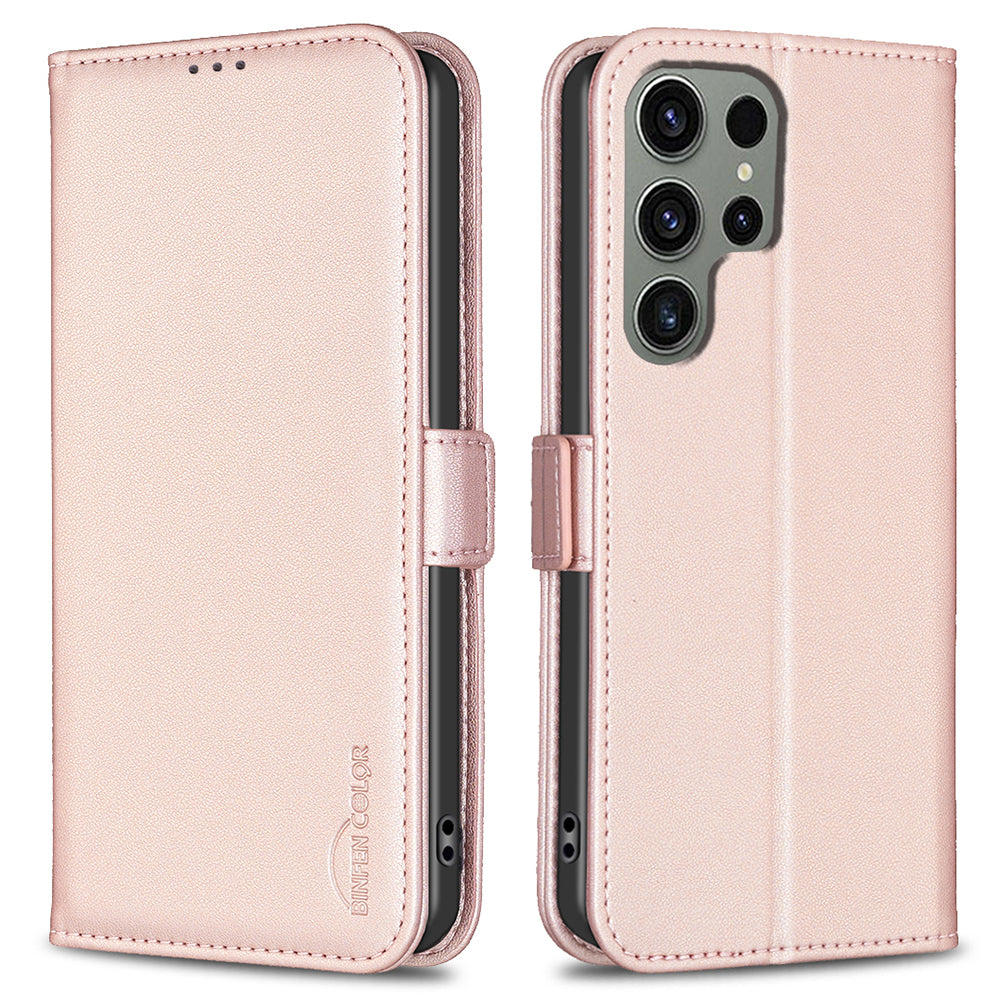 BINFEN COLOR BF31 For Samsung Galaxy S24 Ultra Case PU Leather Wallet Card Holder Protective Cover - Pink