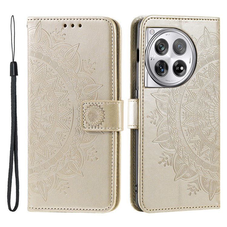 For OnePlus 12 5G Magnetic Phone Case Mandala Flower Imprinted PU Leather+TPU Cover - Gold