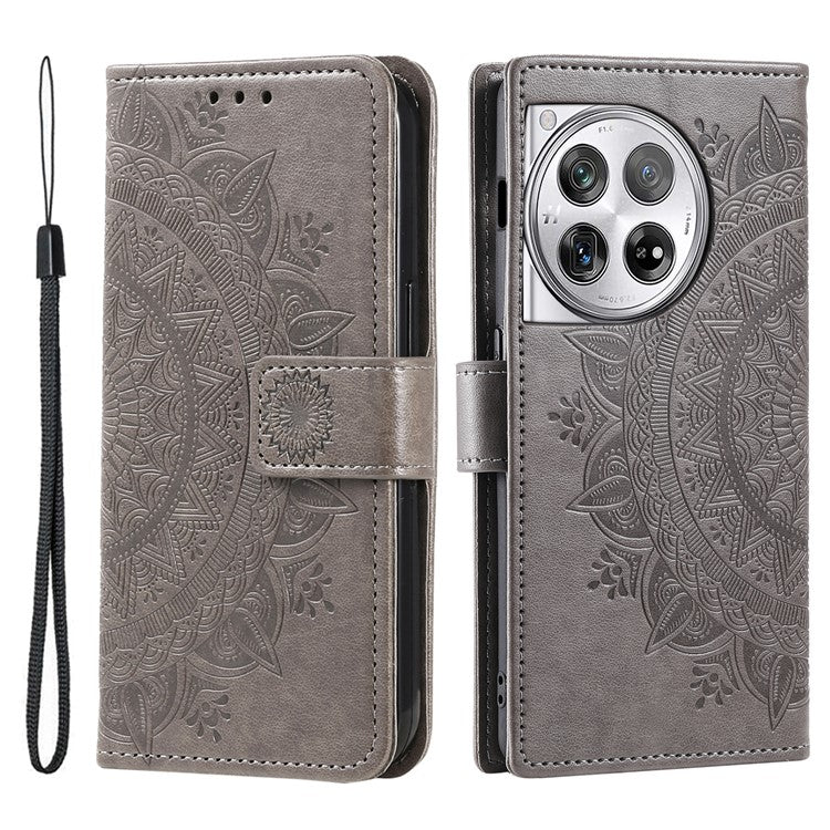 For OnePlus 12 5G Magnetic Phone Case Mandala Flower Imprinted PU Leather+TPU Cover - Grey