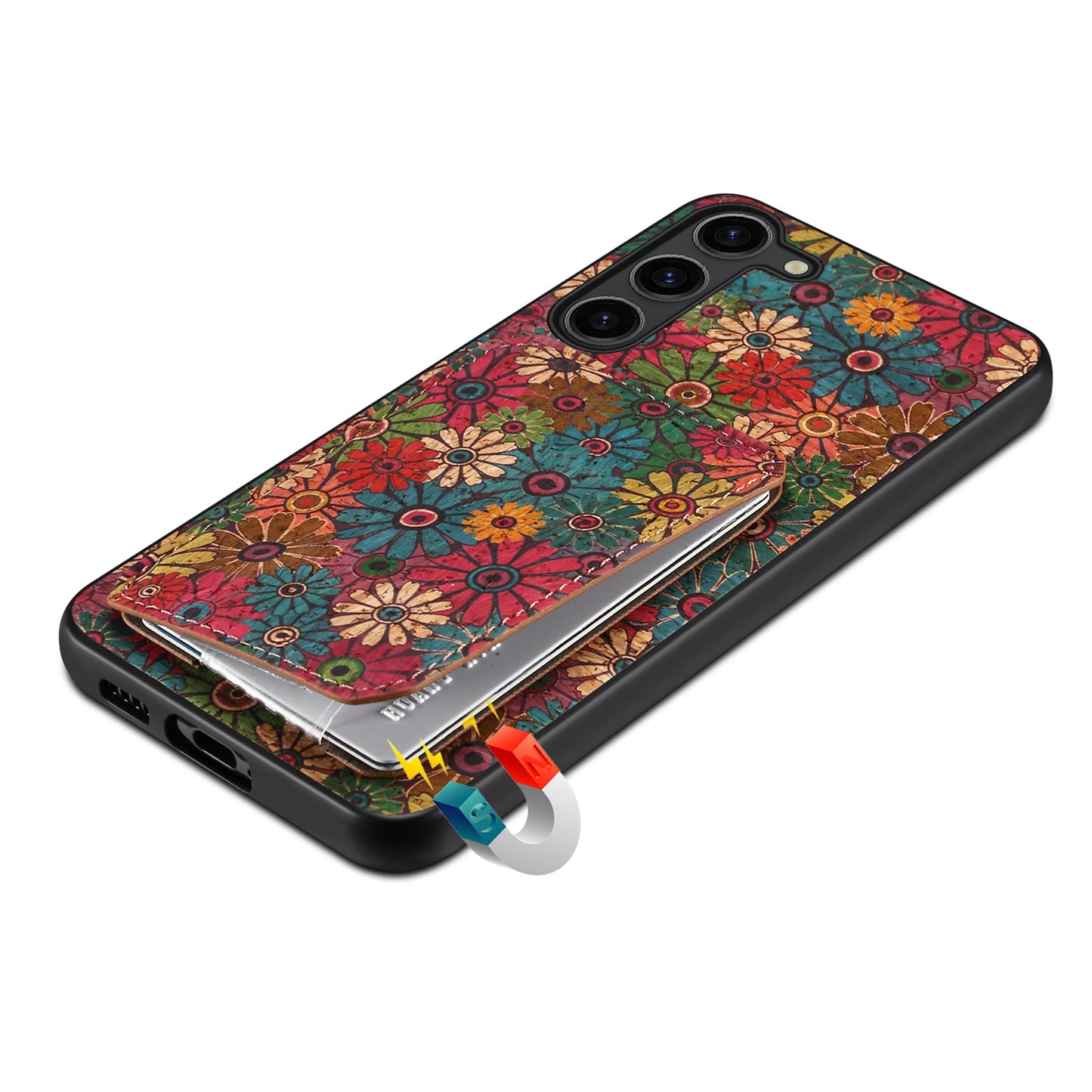 For Samsung Galaxy S24+ Card Holder Case Flower Floral Design Phone Cover - Spring / Green