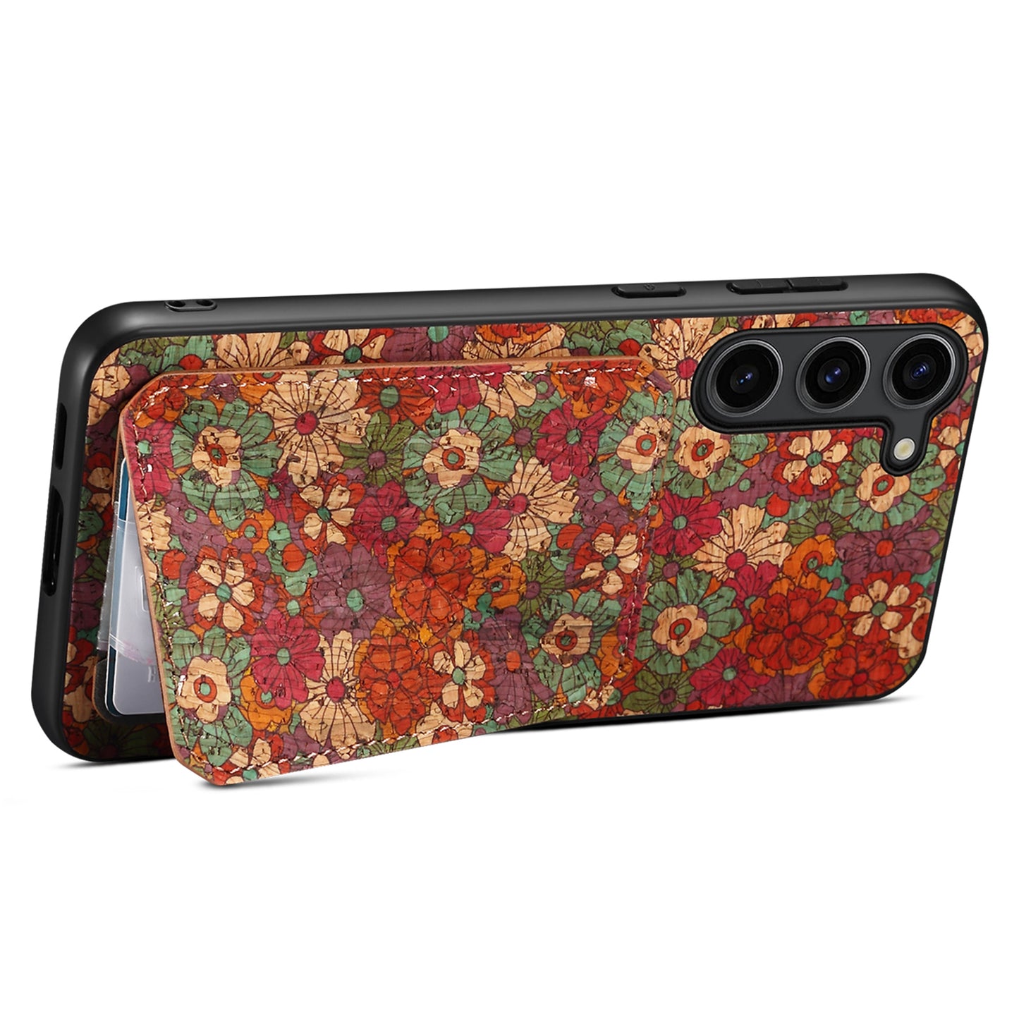 For Samsung Galaxy S24+ Card Holder Case Flower Floral Design Phone Cover - Summer / Red
