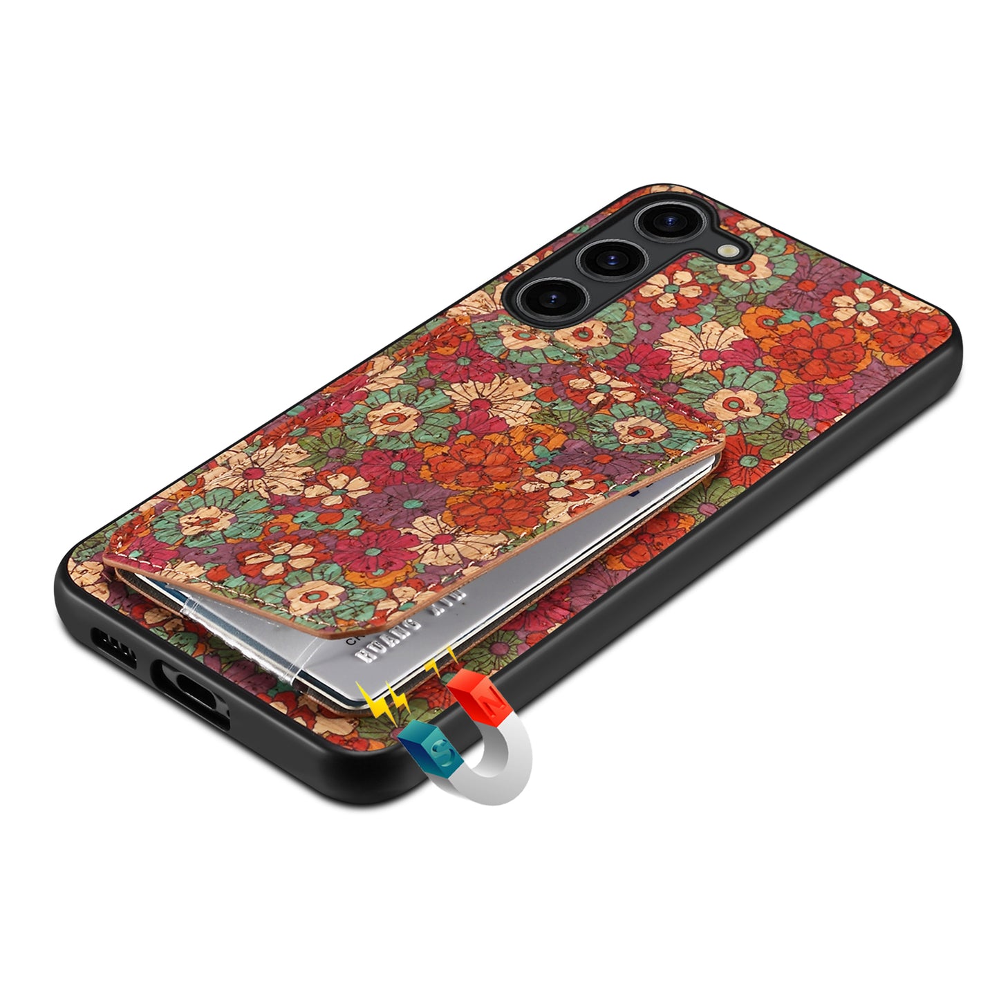 For Samsung Galaxy S24+ Card Holder Case Flower Floral Design Phone Cover - Summer / Red
