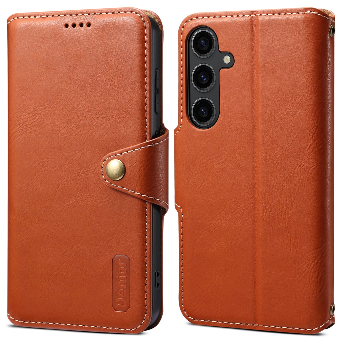 DENIOR For Samsung Galaxy S24 Leather Wallet Case Stand Cover Cowhide Texture - Brown