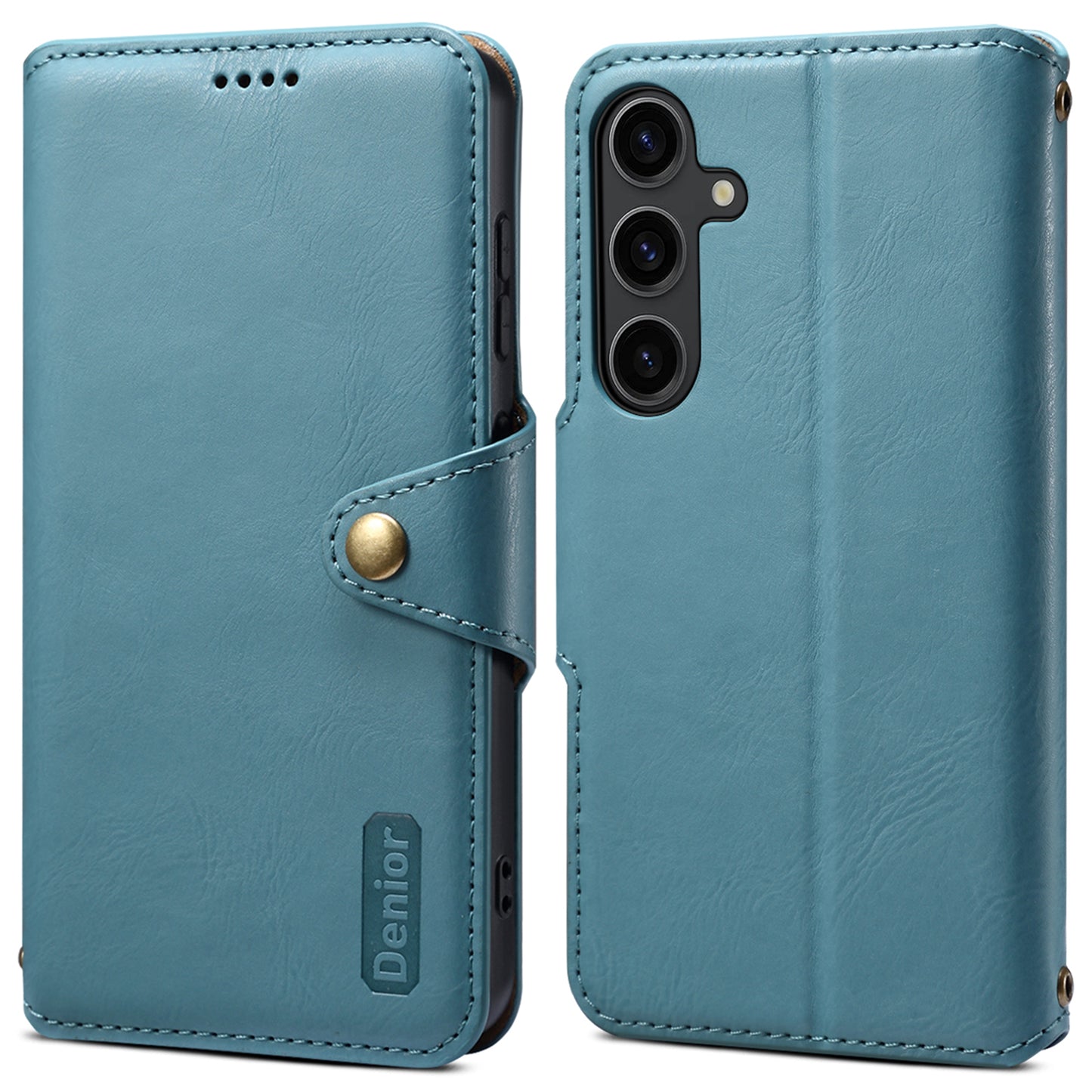 DENIOR For Samsung Galaxy S24+ Phone Case Cowhide Texture Leather Wallet Cover - Blue