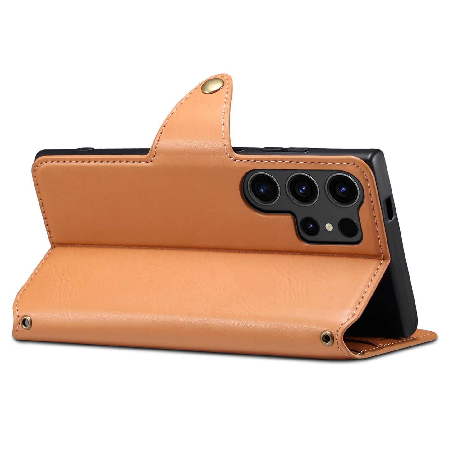 DENIOR For Samsung Galaxy S24 Ultra Case Cowhide Texture Leather Wallet Cover - Khaki