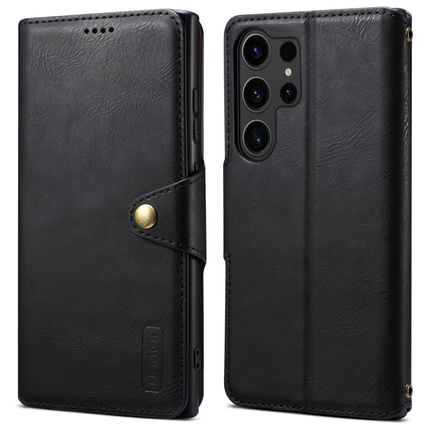DENIOR For Samsung Galaxy S24 Ultra Case Cowhide Texture Leather Wallet Cover - Black
