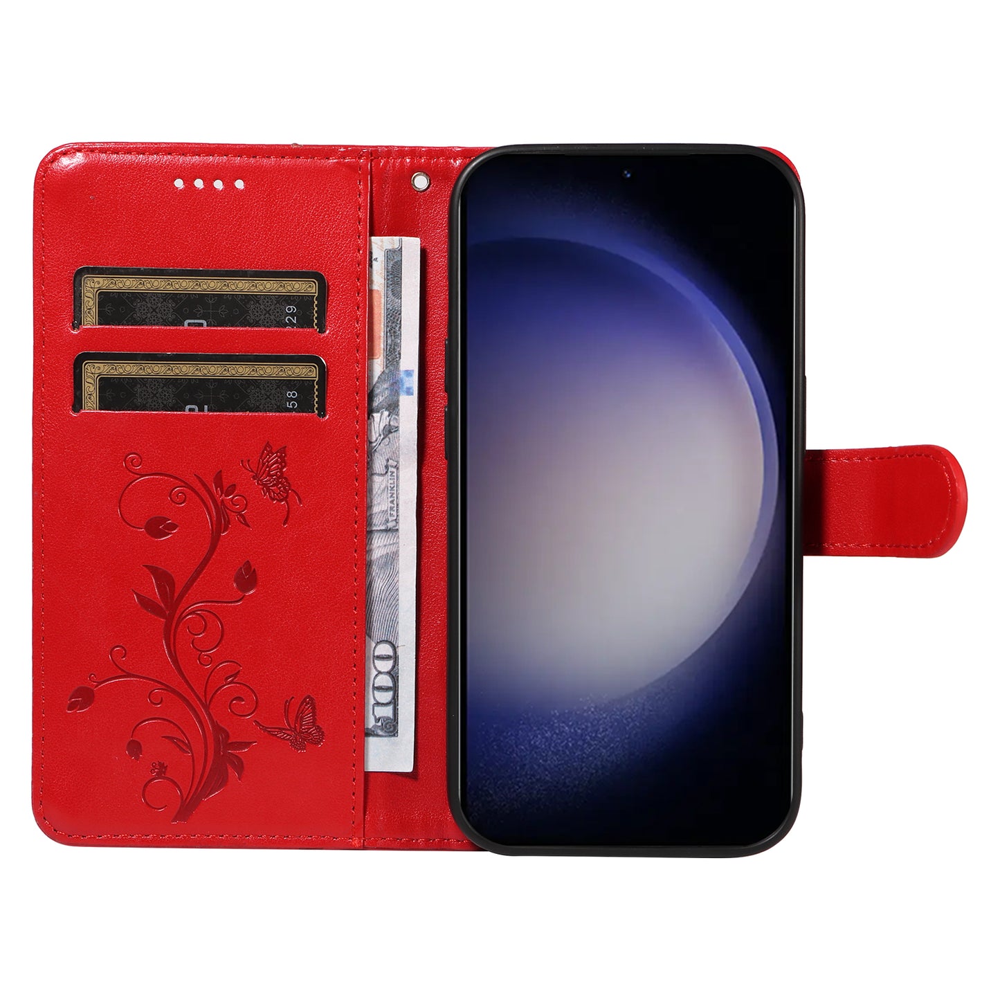 For Samsung Galaxy S24 Flower Blossom Theme Phone Case PU Leather Wallet Flip Cover - Red