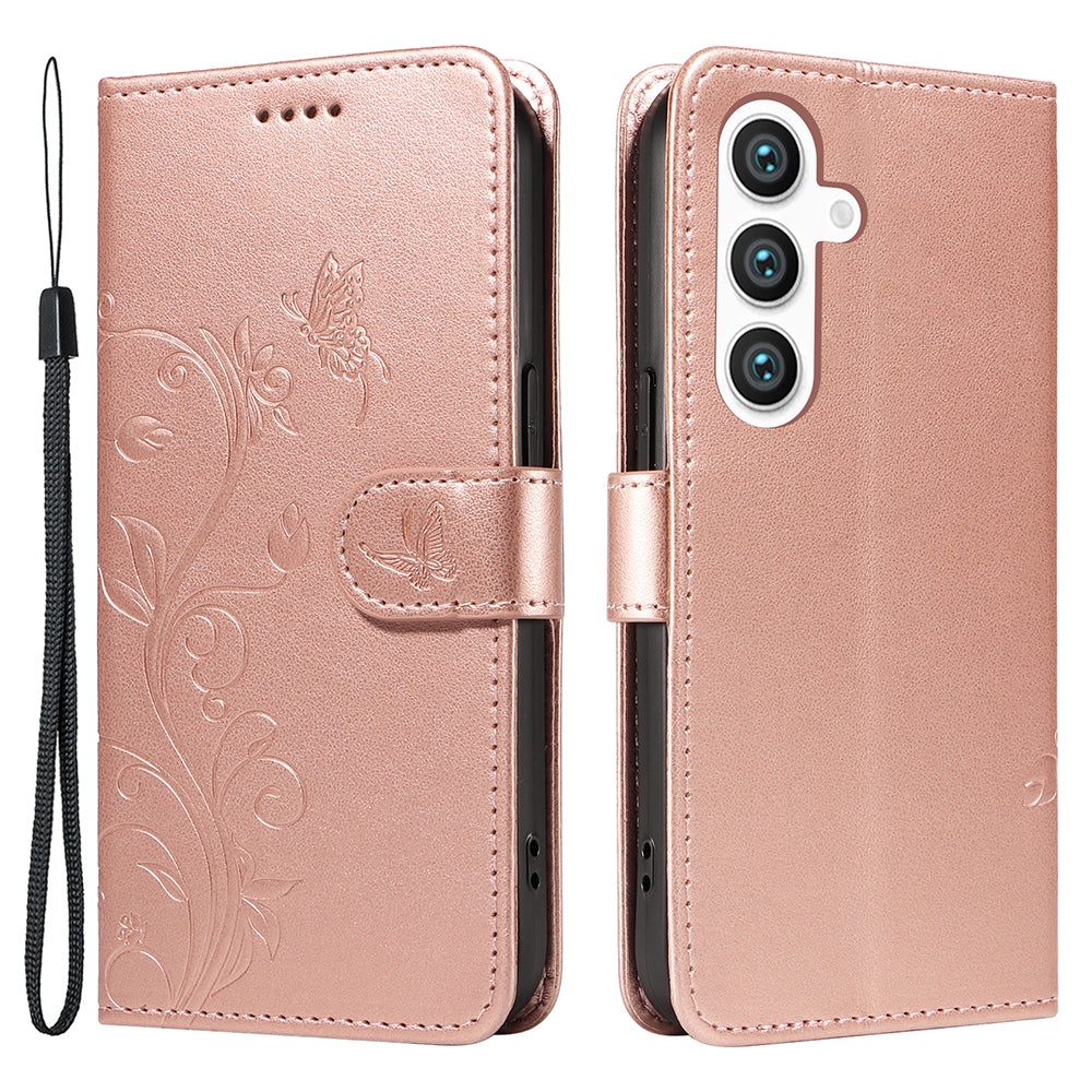 For Samsung Galaxy S24 Flower Blossom Theme Phone Case PU Leather Wallet Flip Cover - Rose Gold