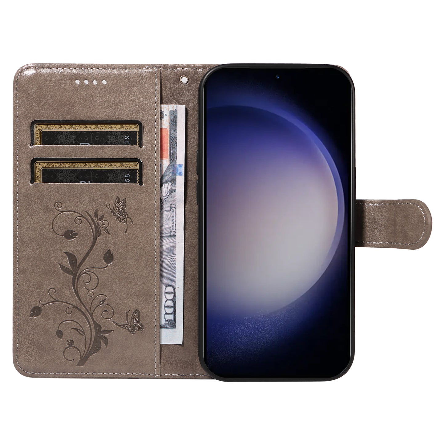 For Samsung Galaxy S24 Flower Blossom Theme Phone Case PU Leather Wallet Flip Cover - Grey