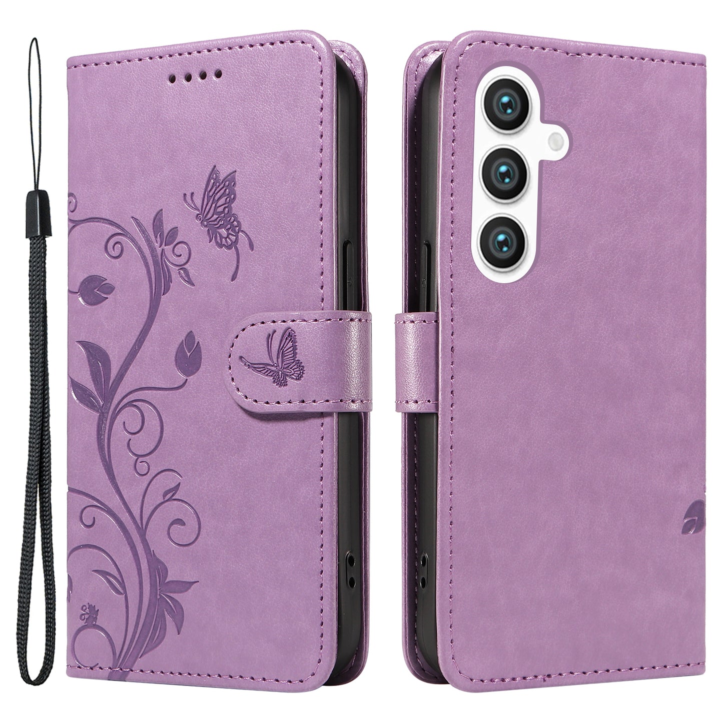 For Samsung Galaxy S24 Flower Blossom Theme Phone Case PU Leather Wallet Flip Cover - Purple